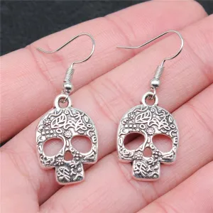Simple Design Antique Silver Color Skull Pendant Earrings