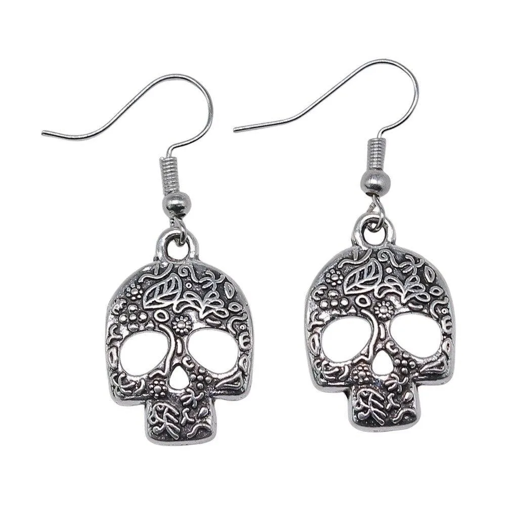 Simple Design Antique Silver Color Skull Pendant Earrings