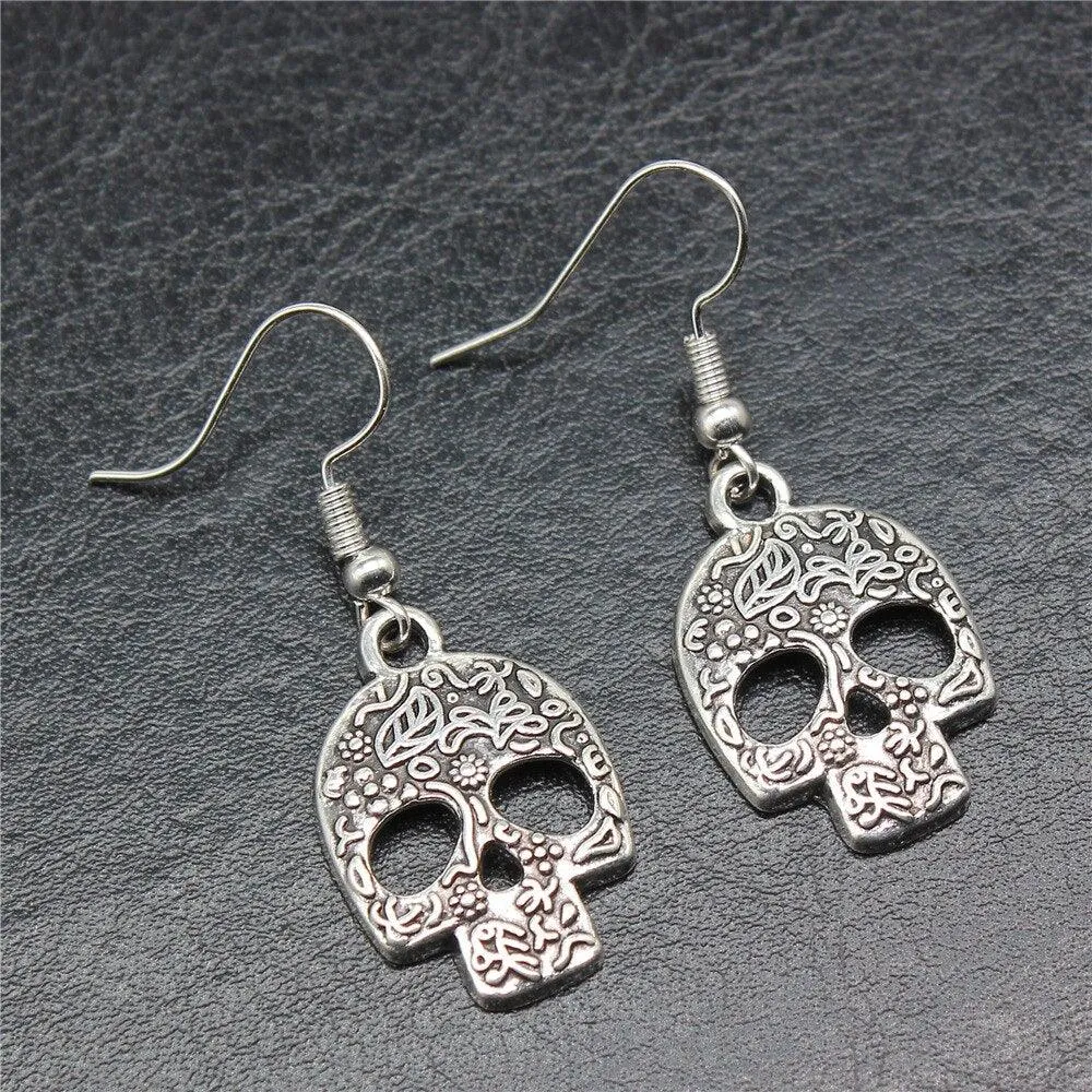Simple Design Antique Silver Color Skull Pendant Earrings