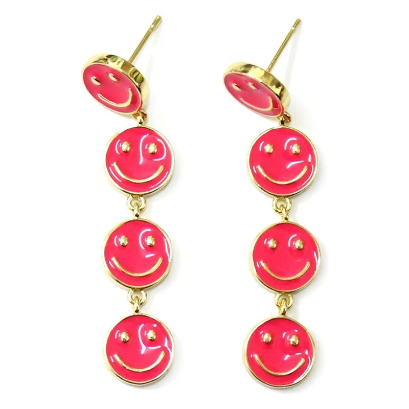 Smiley Face Enamel Hot Pink Dangle Earrings