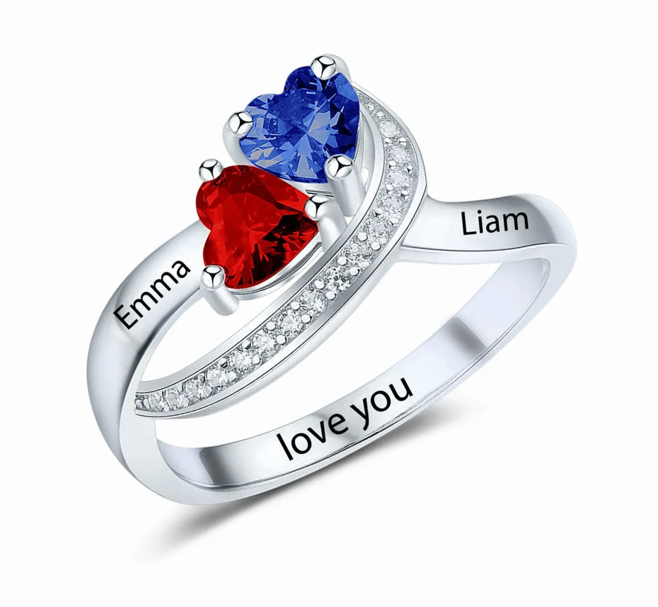 Sofia Personalized initial ring with 2 heart shaped birthstones