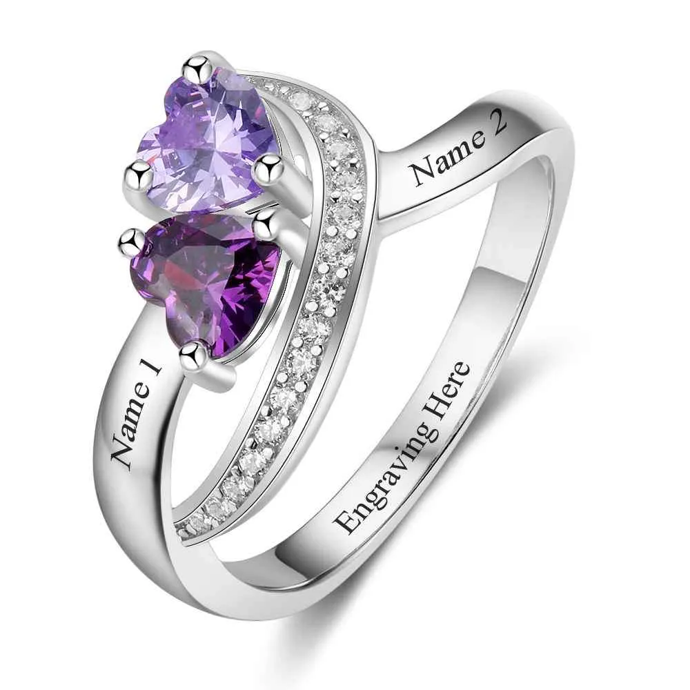 Sofia Personalized initial ring with 2 heart shaped birthstones