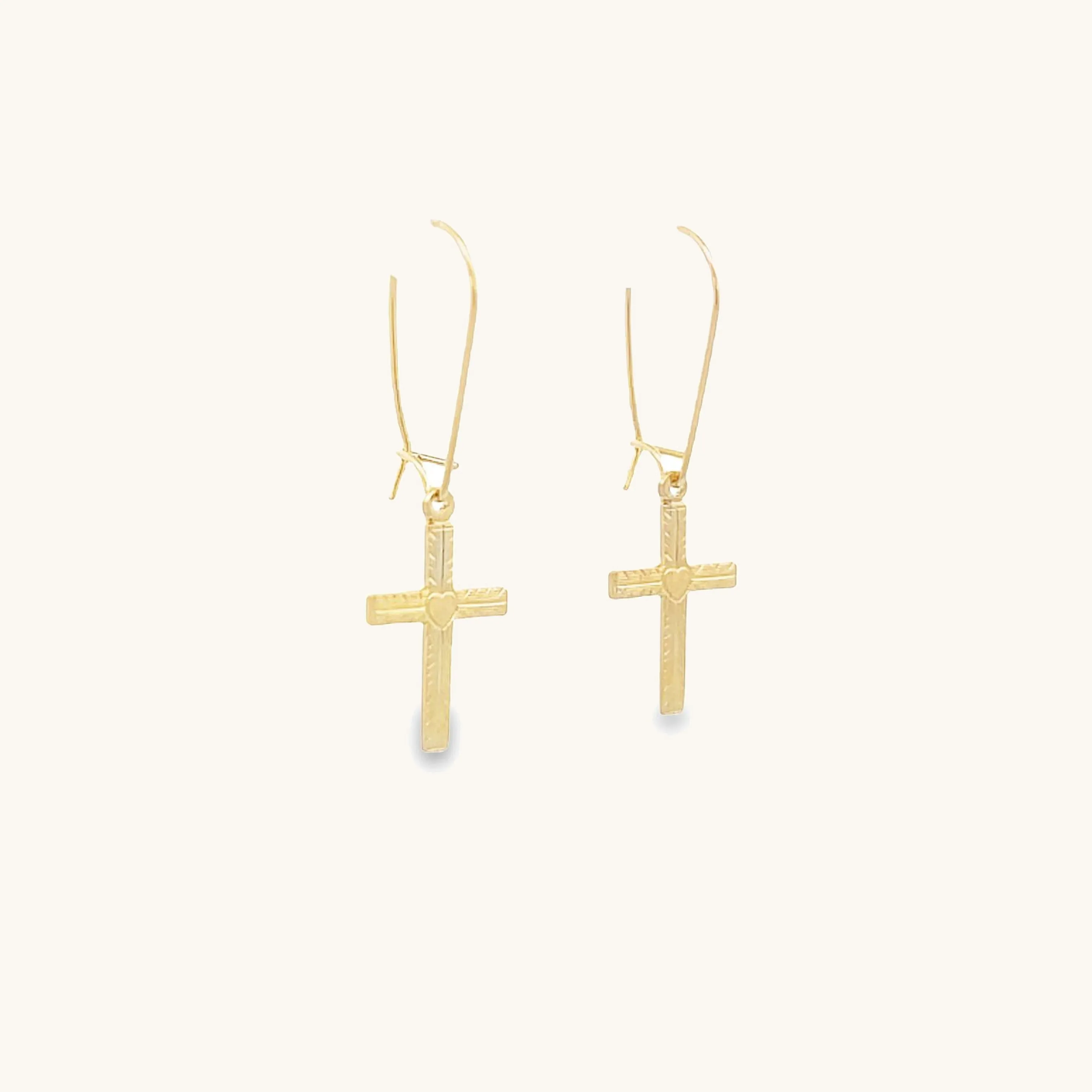 SOLID 14K YELLOW GOLD HEART DESIGN CROSS EARRINGS