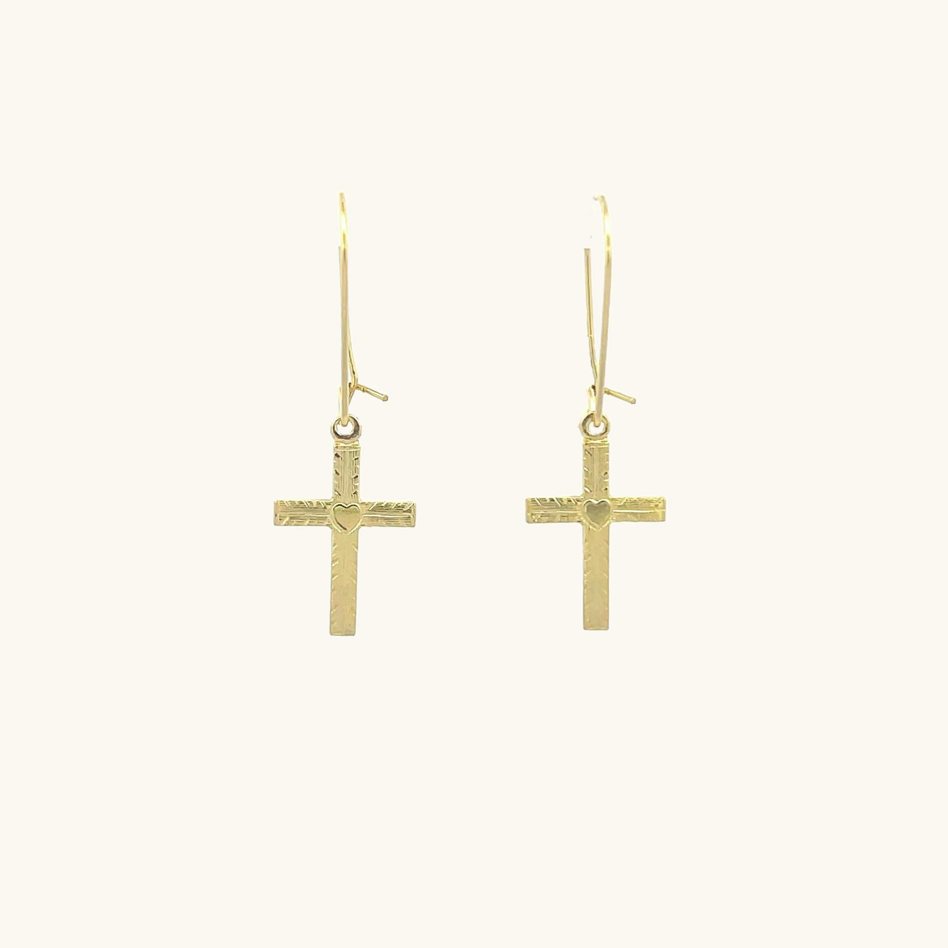 SOLID 14K YELLOW GOLD HEART DESIGN CROSS EARRINGS