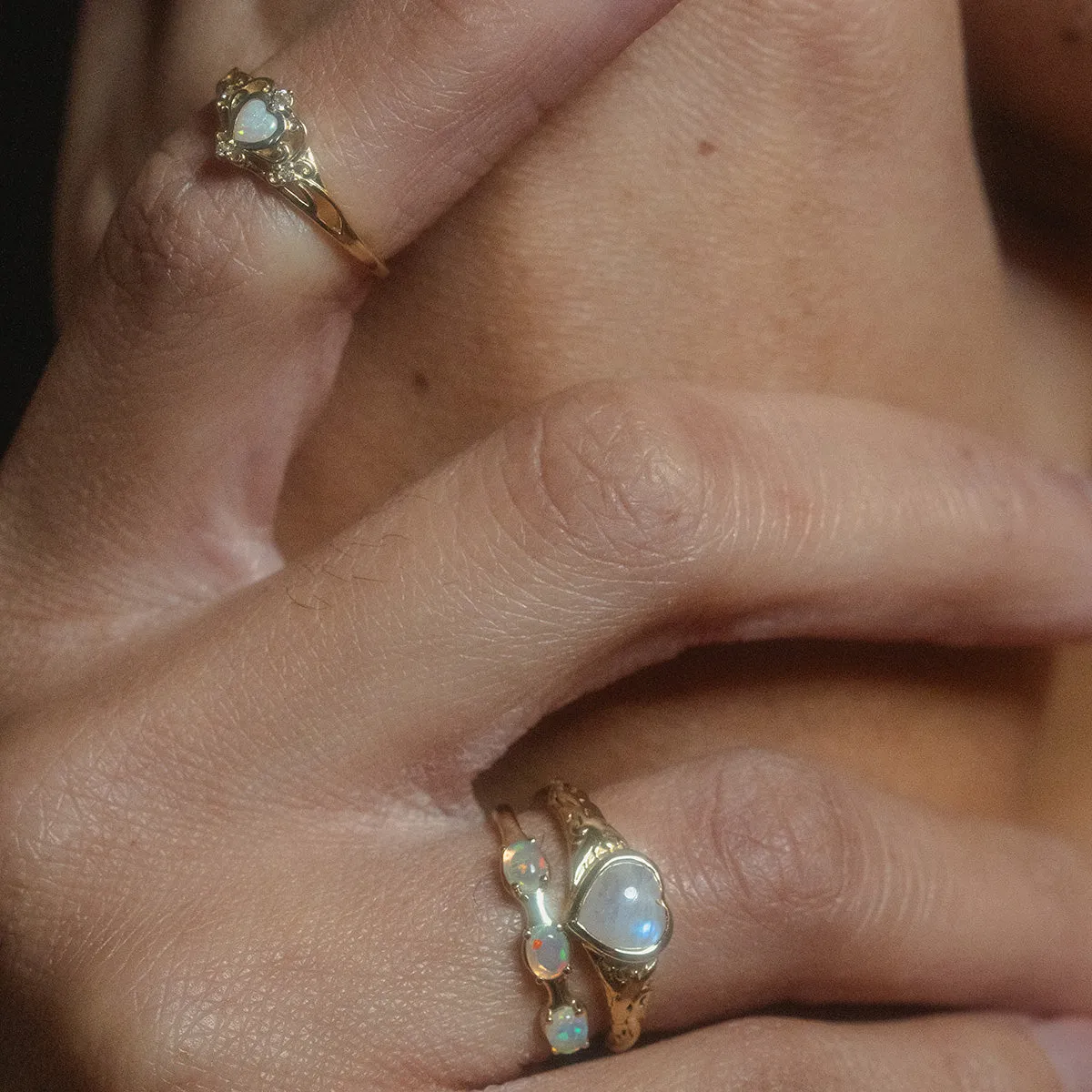 Solid Gold Openwork Filigree Opal Heart Ring