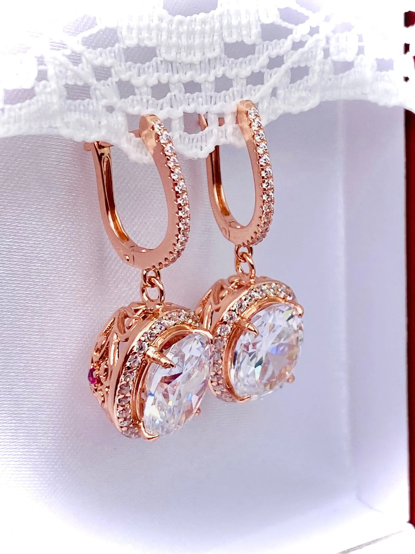 Sparkling CZ Earrings, Halo Art Deco Earrings, Rose Gold Filigree #E228
