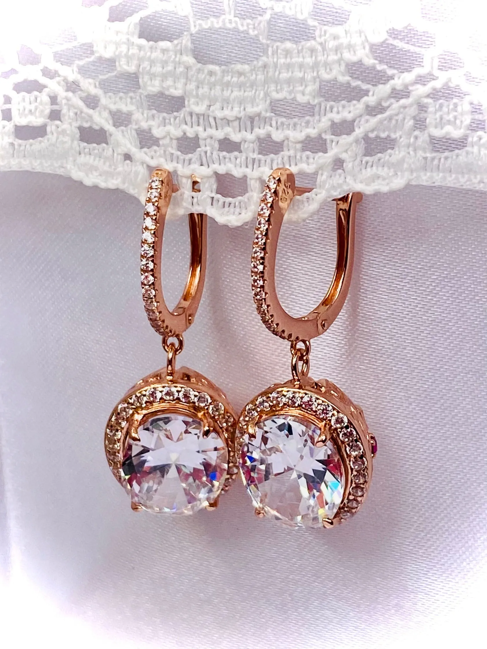 Sparkling CZ Earrings, Halo Art Deco Earrings, Rose Gold Filigree #E228