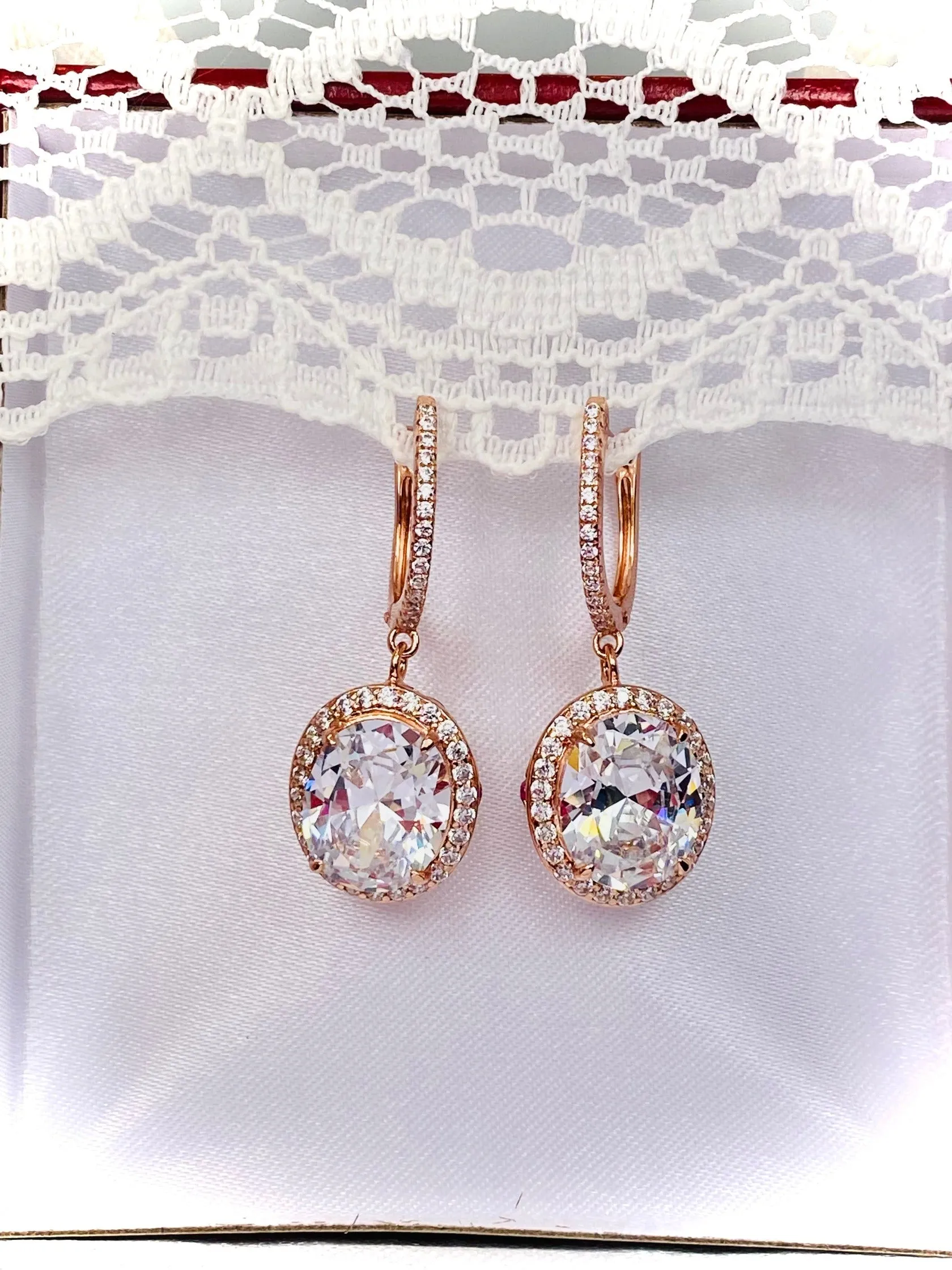 Sparkling CZ Earrings, Halo Art Deco Earrings, Rose Gold Filigree #E228
