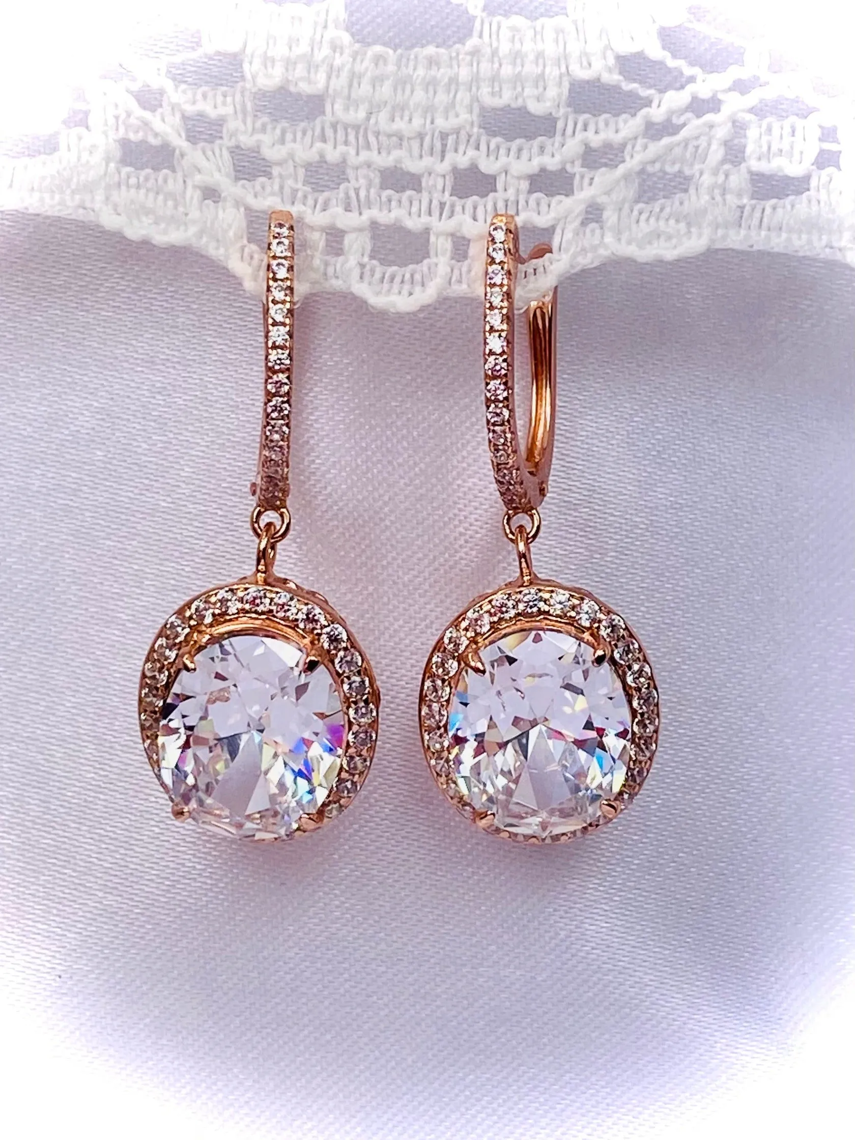 Sparkling CZ Earrings, Halo Art Deco Earrings, Rose Gold Filigree #E228