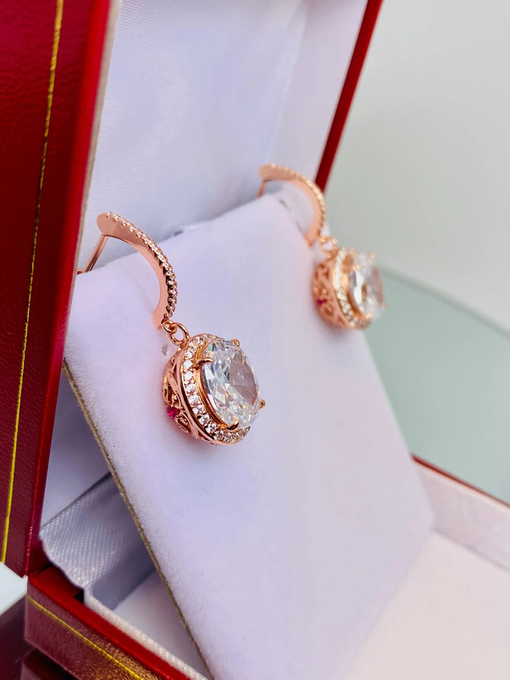 Sparkling CZ Earrings, Halo Art Deco Earrings, Rose Gold Filigree #E228