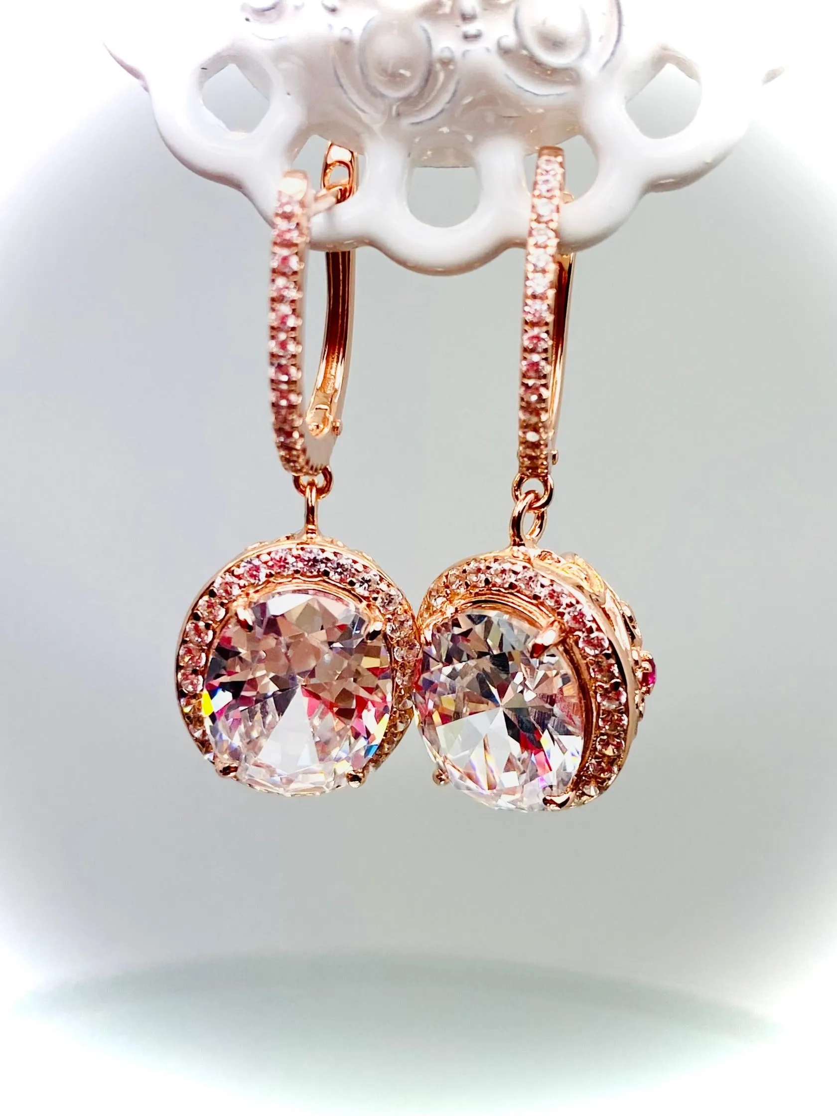 Sparkling CZ Earrings, Halo Art Deco Earrings, Rose Gold Filigree #E228
