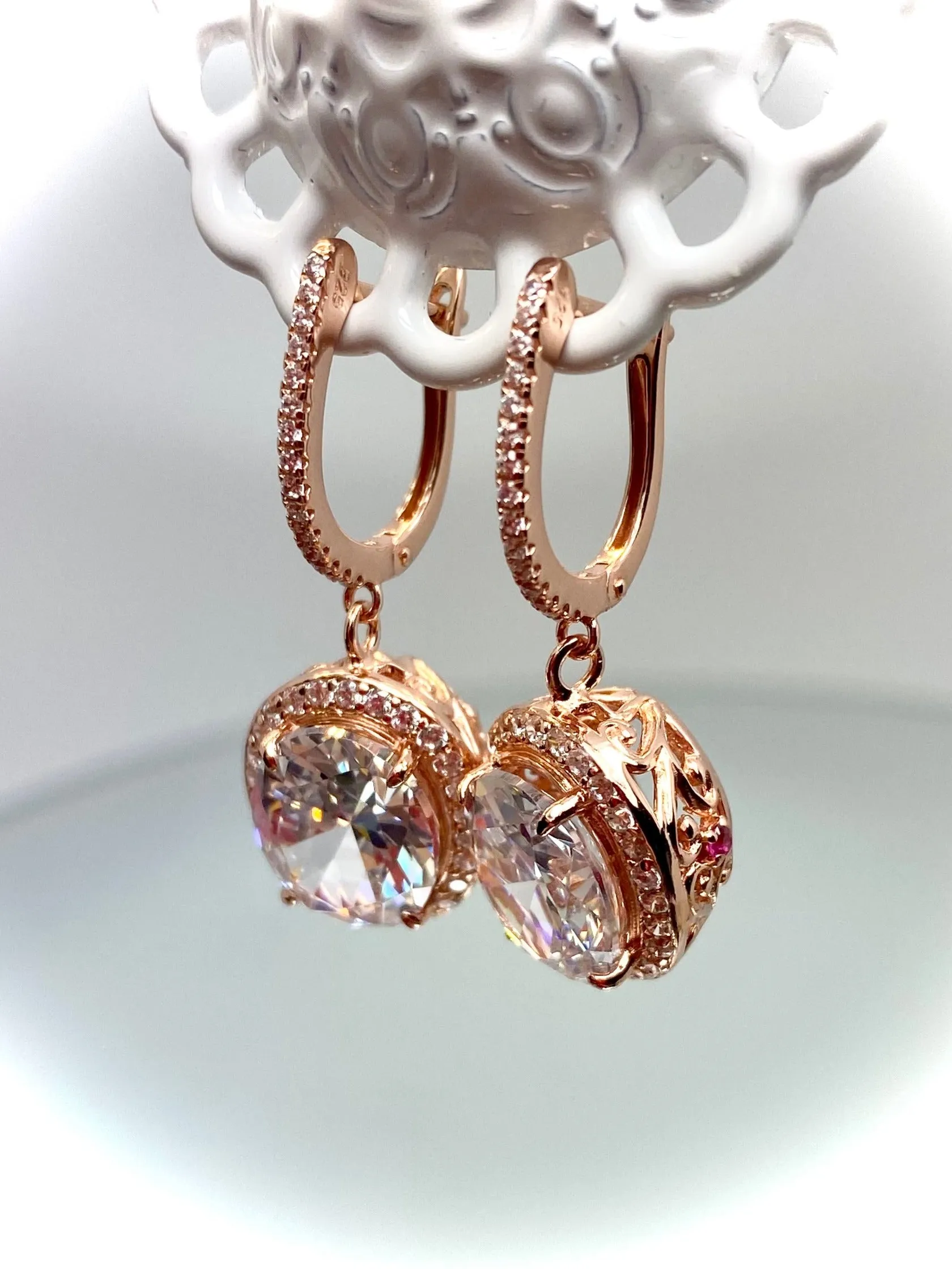 Sparkling CZ Earrings, Halo Art Deco Earrings, Rose Gold Filigree #E228