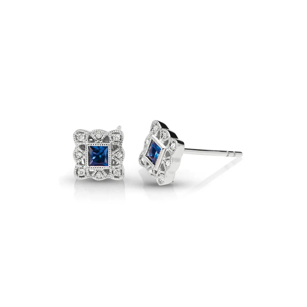 Square Sapphire and Pavé Diamond Earrings
