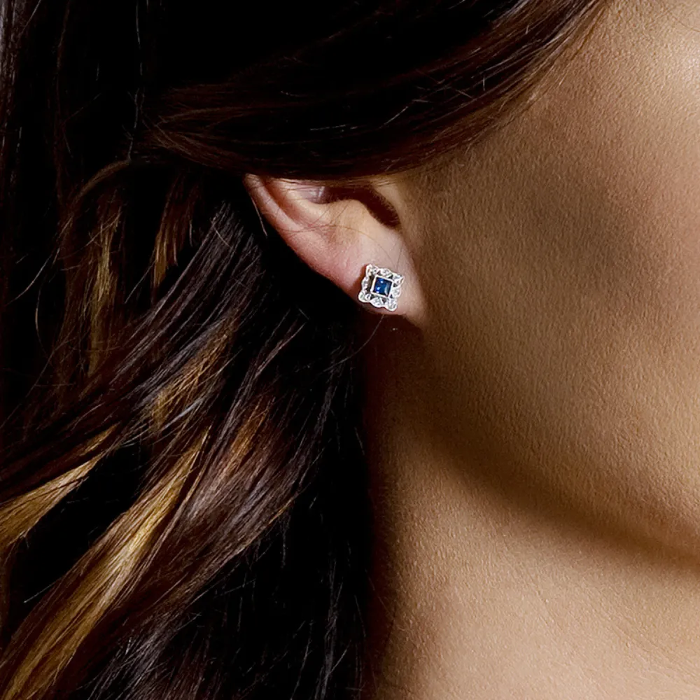 Square Sapphire and Pavé Diamond Earrings