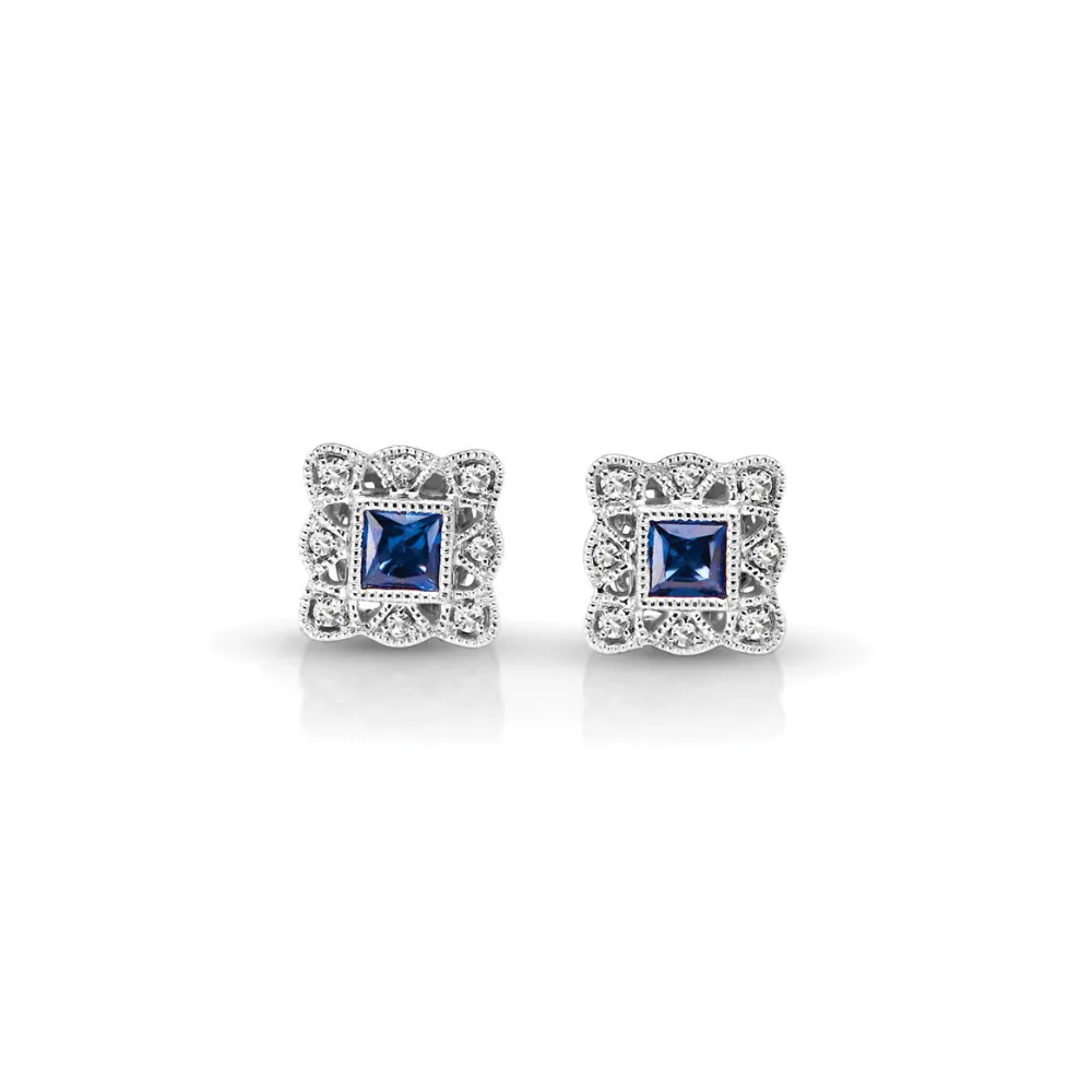 Square Sapphire and Pavé Diamond Earrings