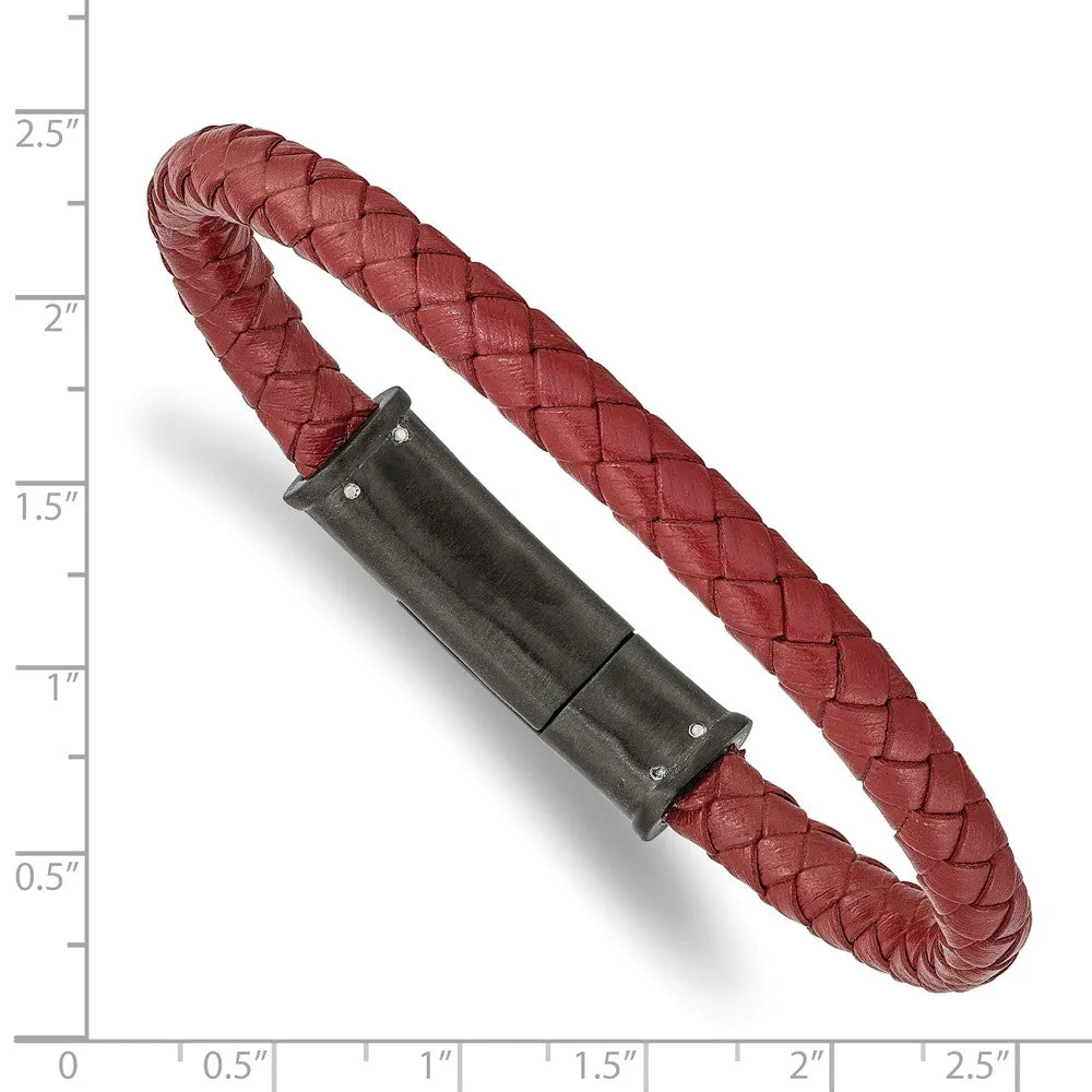 Stainless Steel Brushed Black IP-plated Red Leather 8.5in Bracelet