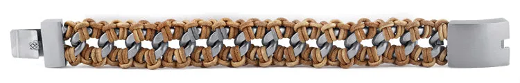 Stainless Steel Chain Tan Leather Bracelet