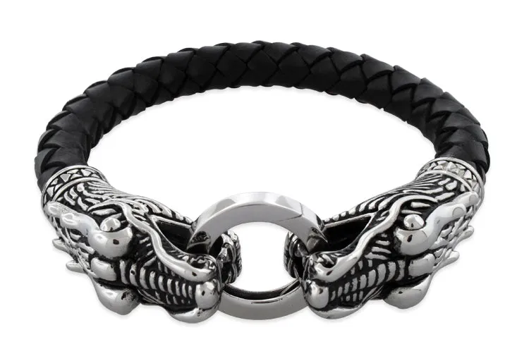Stainless Steel Dragon Leather Bracelet