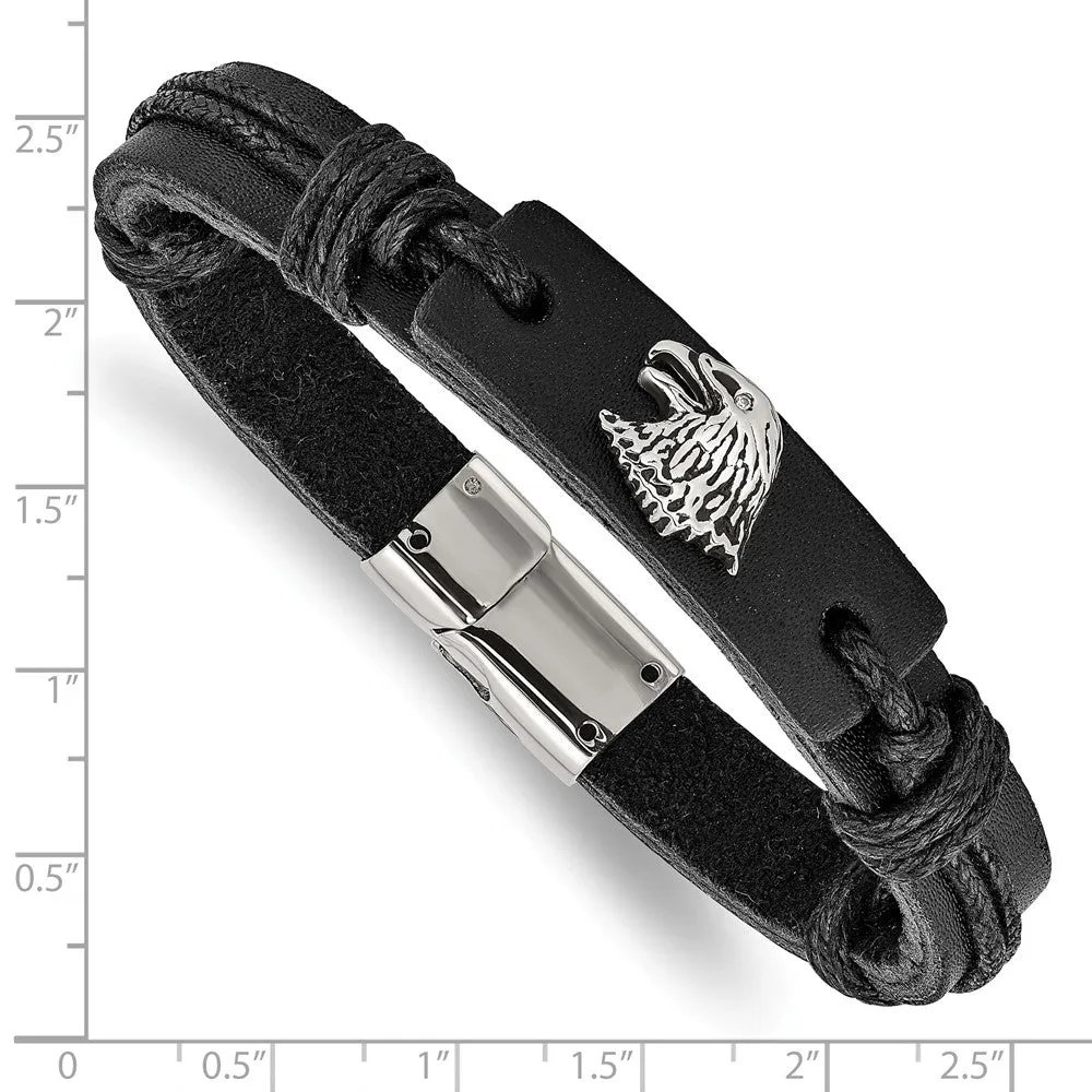 Stainless Steel Polished Antiqued Eagle Head Black Leather Bracelet