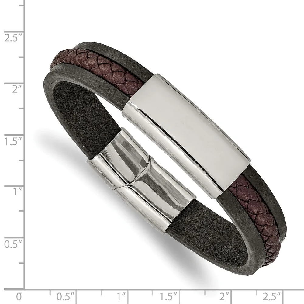 Stainless Steel Polished Black & Brown Braided Leather 8.25in ID Bracelet
