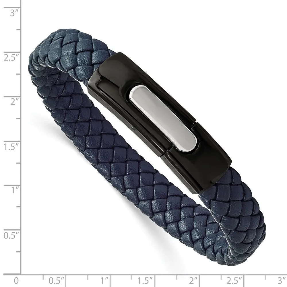 Stainless Steel Polished Black IP-plated Blue Braided Leather 8in Bracelet