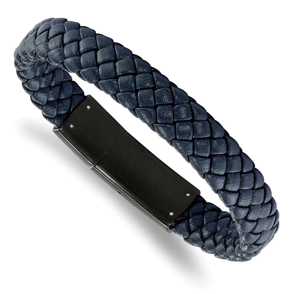 Stainless Steel Polished Black IP-plated Blue Braided Leather 8in Bracelet