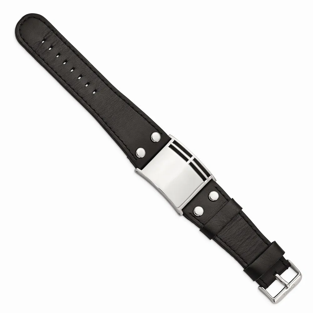 Stainless Steel Polished Black Leather Buckle Bracelet