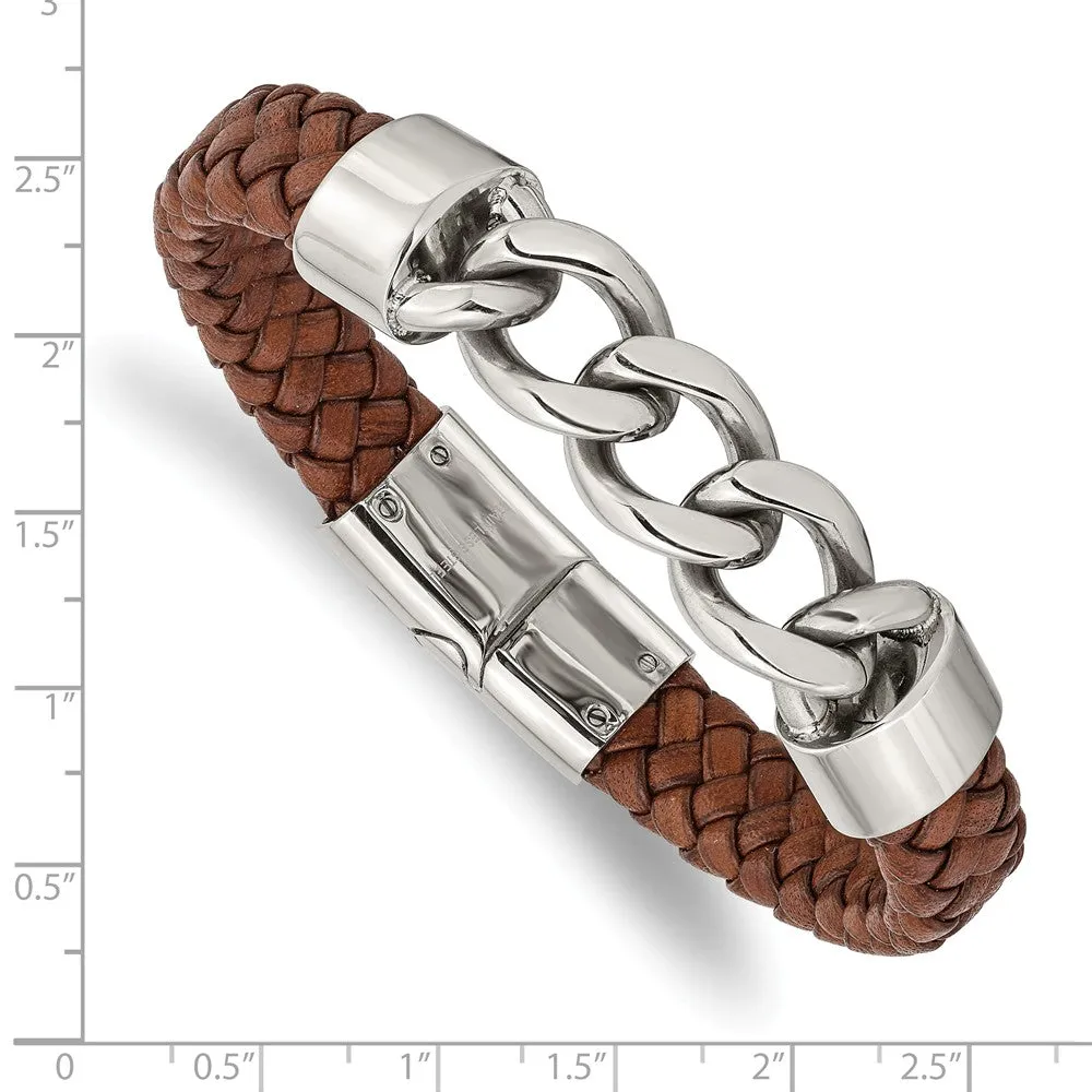 Stainless Steel Polished Chain and Brown Leather 8.25in Bracelet