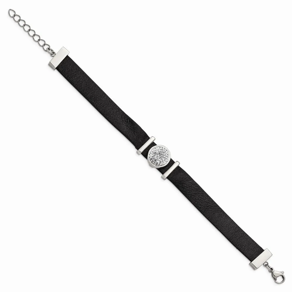 Stainless Steel Polished Leather w/Preciosa Crystal w/1.25in ext 7in Bracel