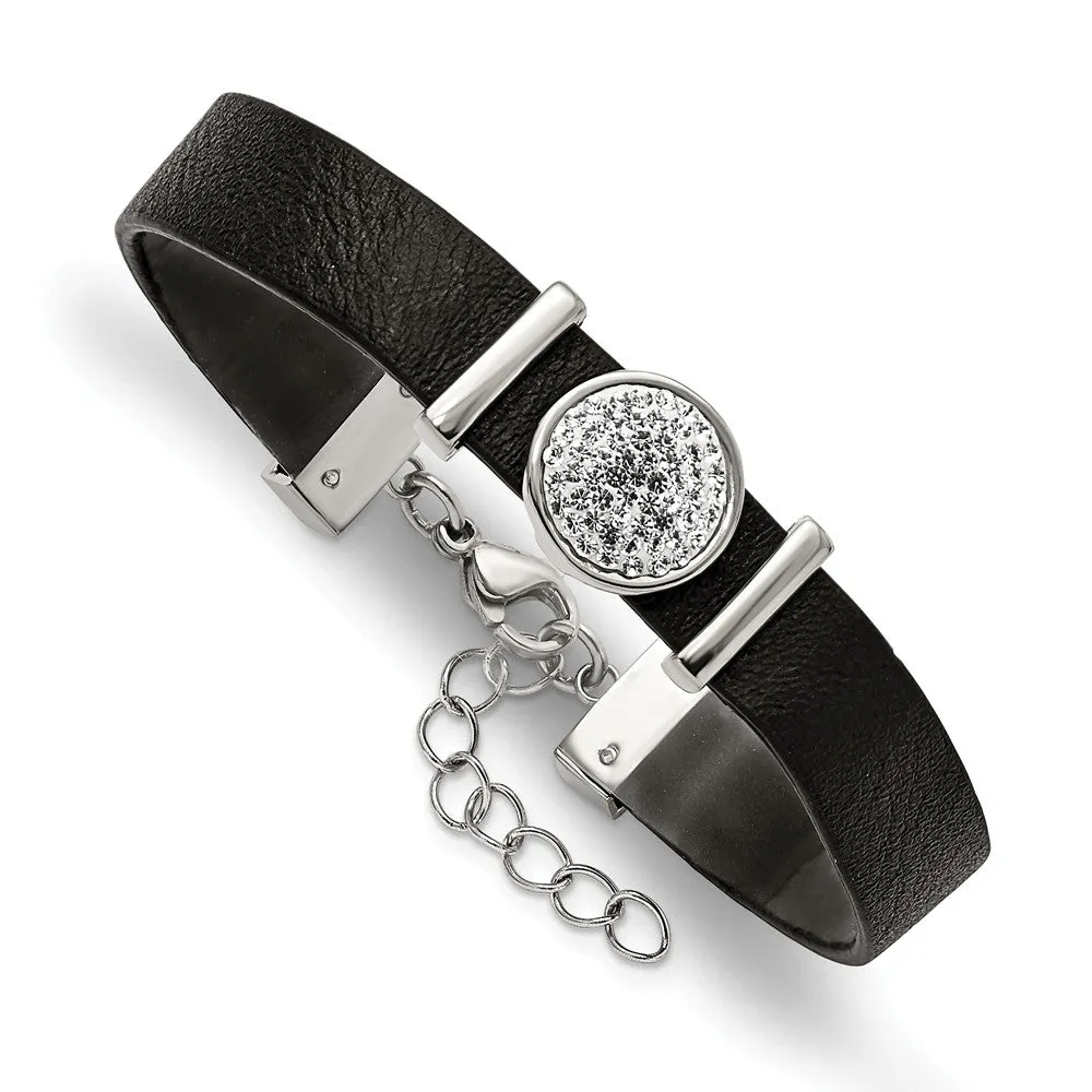 Stainless Steel Polished Leather w/Preciosa Crystal w/1.25in ext 7in Bracel
