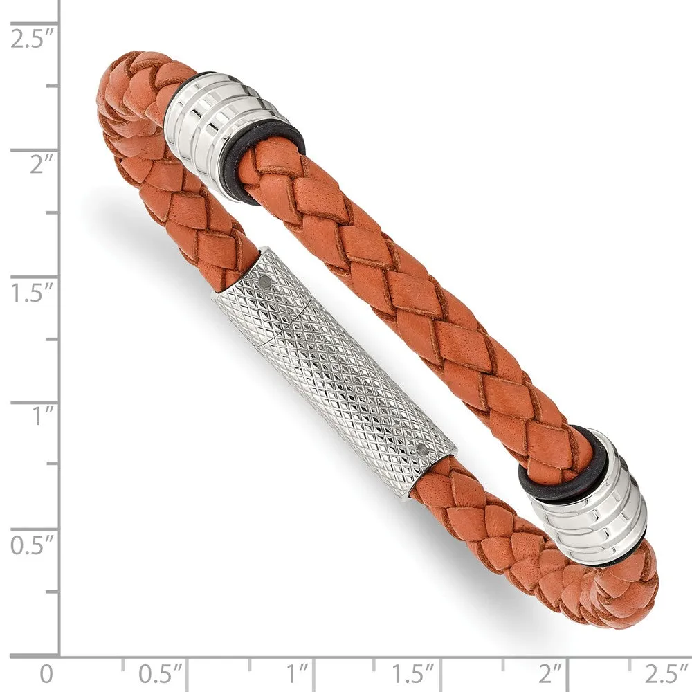 Stainless Steel Polished Orange Leather Bracelet