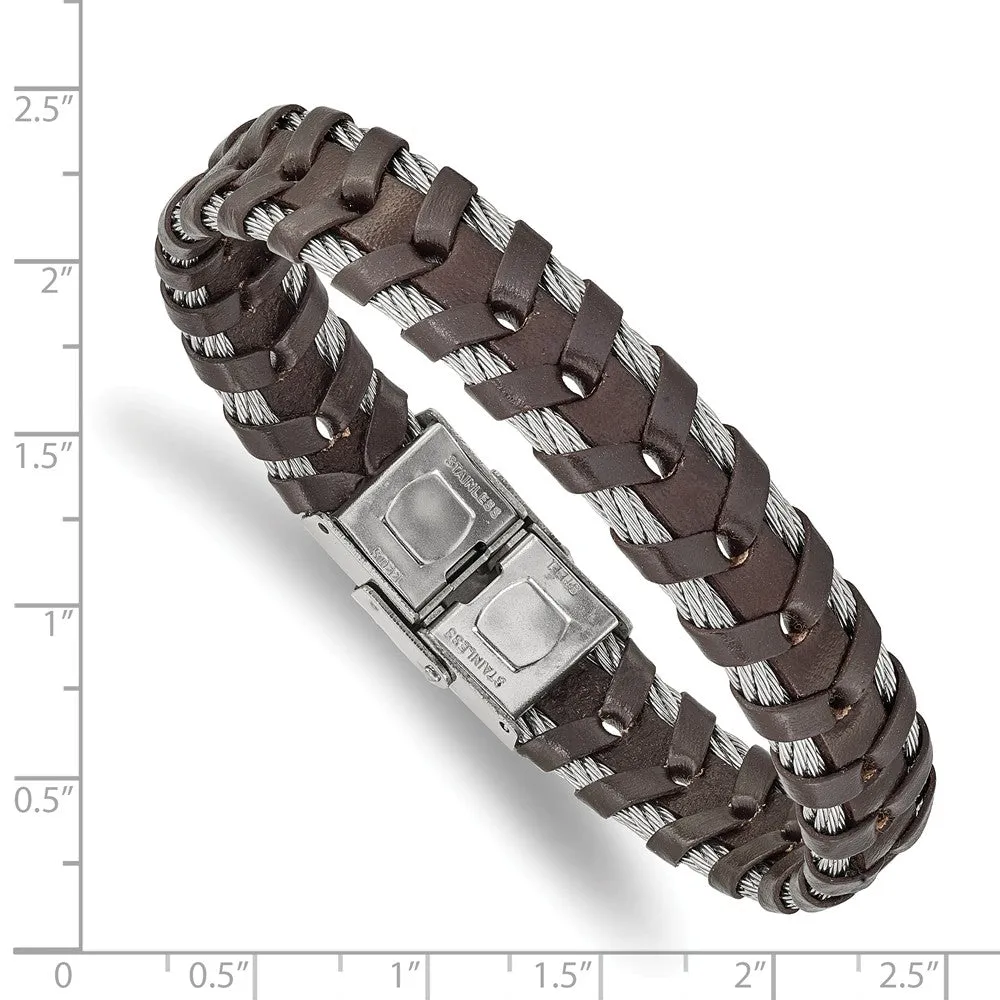 Stainless Steel Polished Wire and Brown Leather 8.25in Bracelet