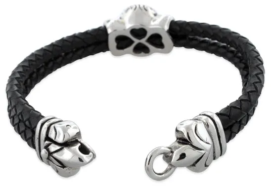 Stainless Steel Skull Fleur De Lis Lock Leather Bracelet