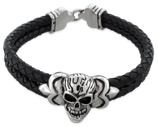 Stainless Steel Skull Fleur De Lis Lock Leather Bracelet