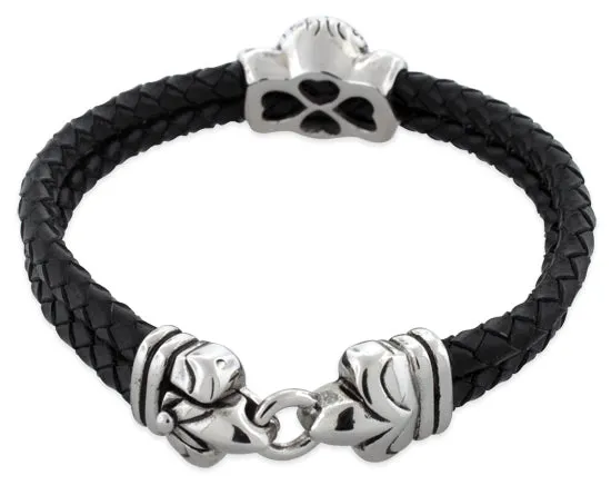 Stainless Steel Skull Fleur De Lis Lock Leather Bracelet