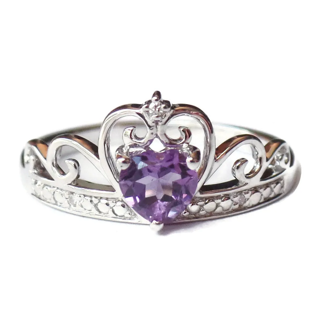 Sterling Silver Diamond And Heart Shaped Amethyst Crown Ring