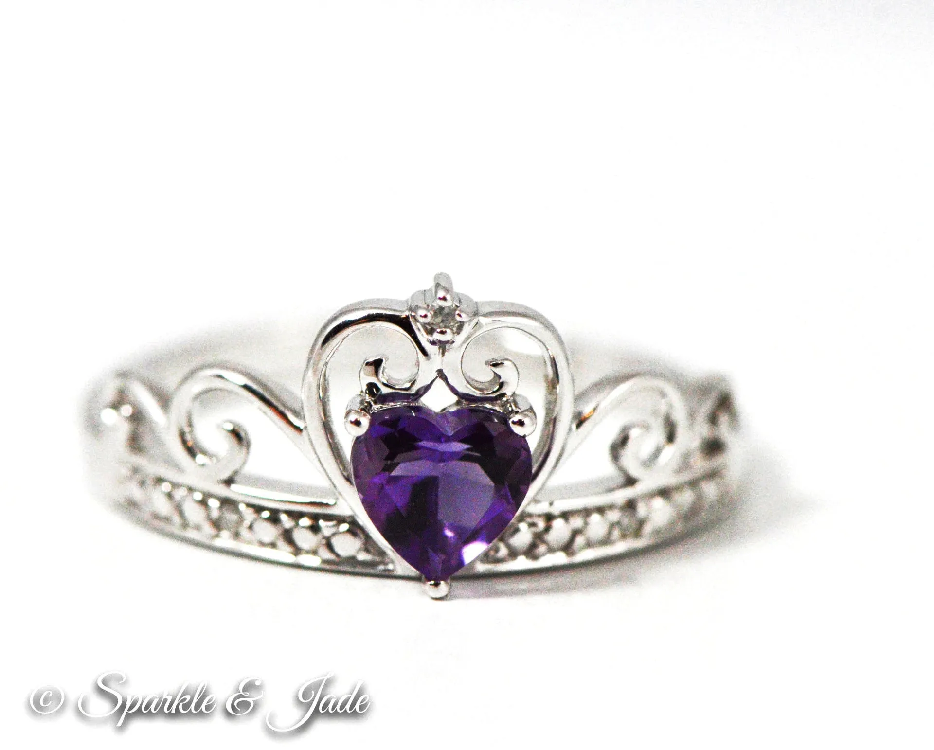 Sterling Silver Diamond And Heart Shaped Amethyst Crown Ring