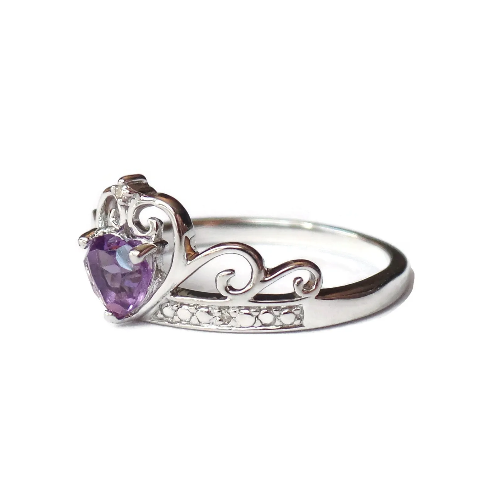 Sterling Silver Diamond And Heart Shaped Amethyst Crown Ring