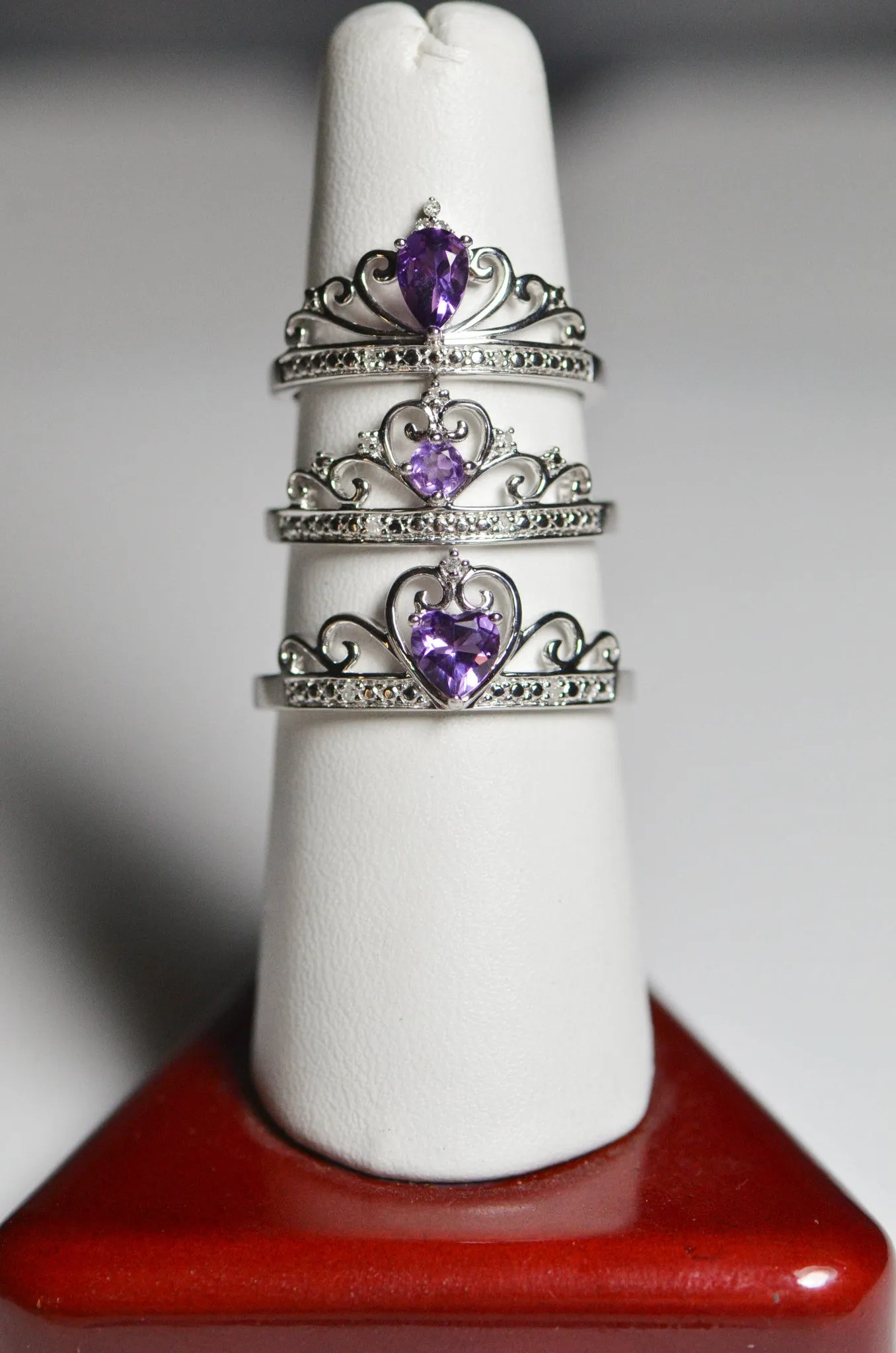 Sterling Silver Diamond And Heart Shaped Amethyst Crown Ring