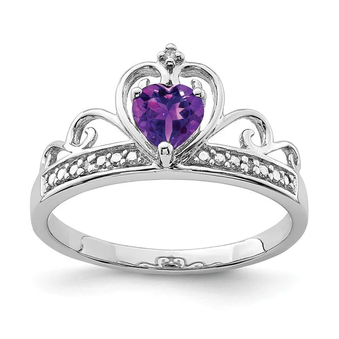 Sterling Silver Diamond And Heart Shaped Amethyst Crown Ring