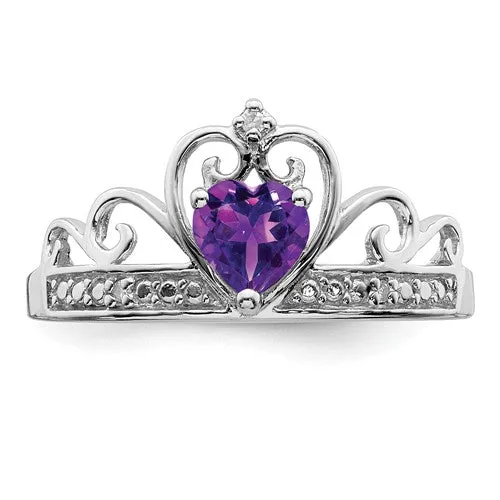 Sterling Silver Diamond And Heart Shaped Amethyst Crown Ring