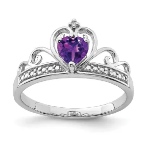 Sterling Silver Diamond And Heart Shaped Amethyst Crown Ring