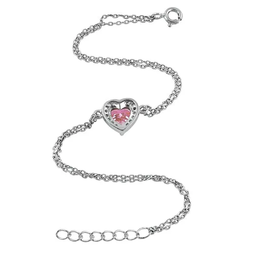 Sterling Silver Pink and Clear CZ Heart Halo Bracelet