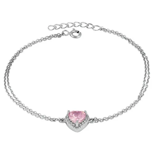 Sterling Silver Pink and Clear CZ Heart Halo Bracelet