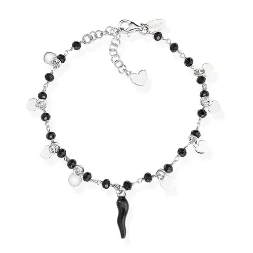 Sterling Silver Rhodium Black Black Italian Horn with Crystals & Dangle Hearts Bracelet