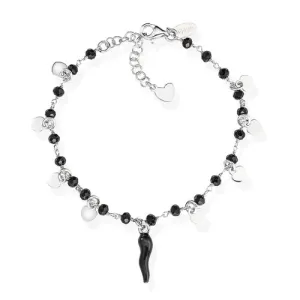 Sterling Silver Rhodium Black Black Italian Horn with Crystals & Dangle Hearts Bracelet