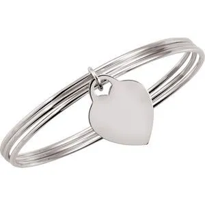 Sterling Silver Triple Bangle 8" Bracelet with Heart Dangle