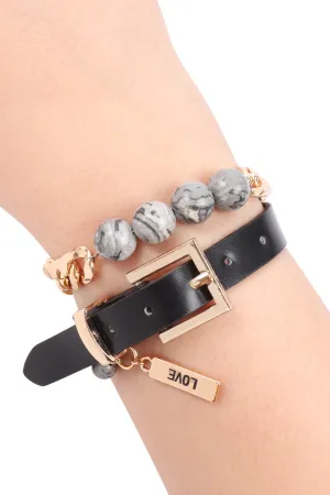 STONE CHARM LONG LEATHER-CHAIN BRACELET