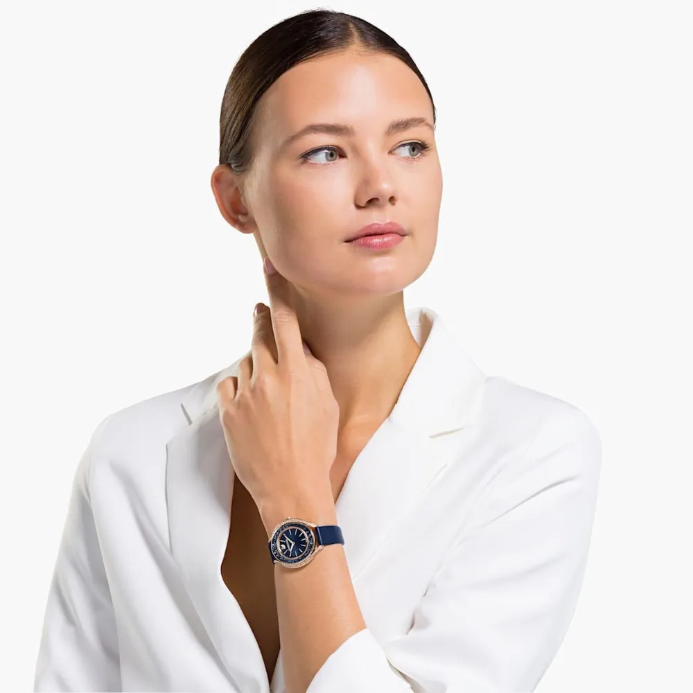 Swarovski Crystalline Aura Watch Leather Strap Blue Rose-Gold Tone