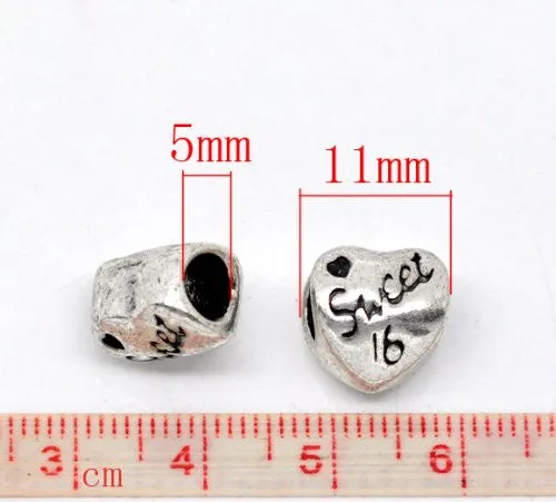 Sweet 16 Birthday Heart European Bead Compatible for Most European Snake Chain Bracelet